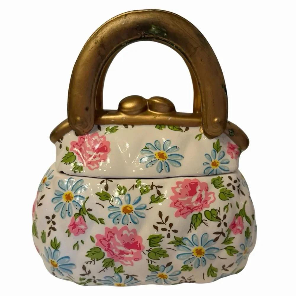 Purse Cookie Jar Floral Ceramic Handbag Storage Cottagecore Statement Decor
